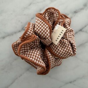 Sezane Brown and White Cotton Gingham Scrunchie